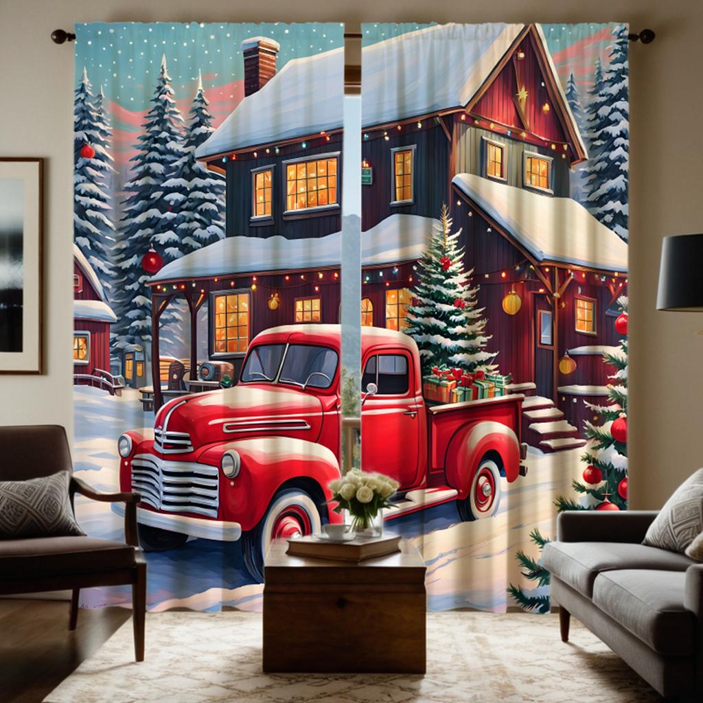 2 sztuki HD po Śniegu Boże Narodzenie Dom wiejski ciężarówka dekoracja choinki zasłona czerwony krawat cyfrowo drukowana zasłona dekoracja domu