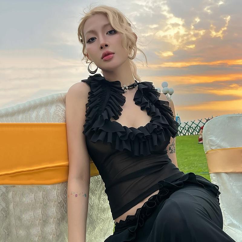 

Прозрачный жилет, многослойный, с низким вырезом, Y2K, без рукавов, базовый жилет M чёрный