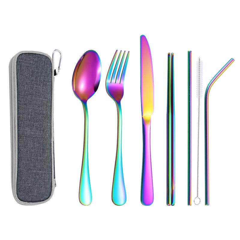 Stainless Steel Knife and Fork Spoon, Cleaning Brush, Chopsticks Set Out for Hotel Home Dinner, Smooth Integrated Forming, 7PCs