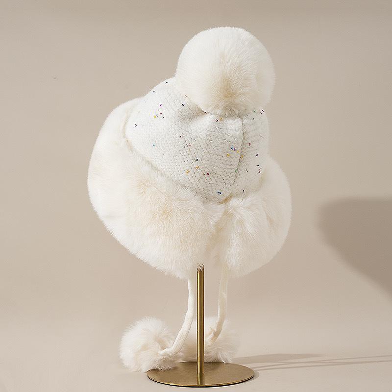 Imitation Fur Shows The Face with Small White Rabbit Fur and Velvet Lei Feng Hat for Women In Winter Cycling Warm Windproof Ear Protection Ski Hat