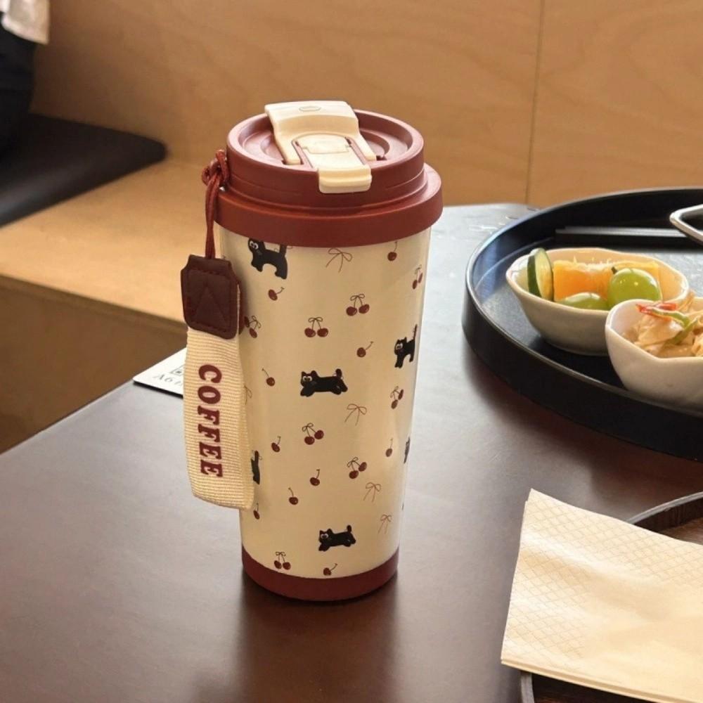Durable 500ml Coffee Cup Cartoon Cat Pattern Stainless Steel Straw Cup Leak-Proof with Straw Thermal Cup Office