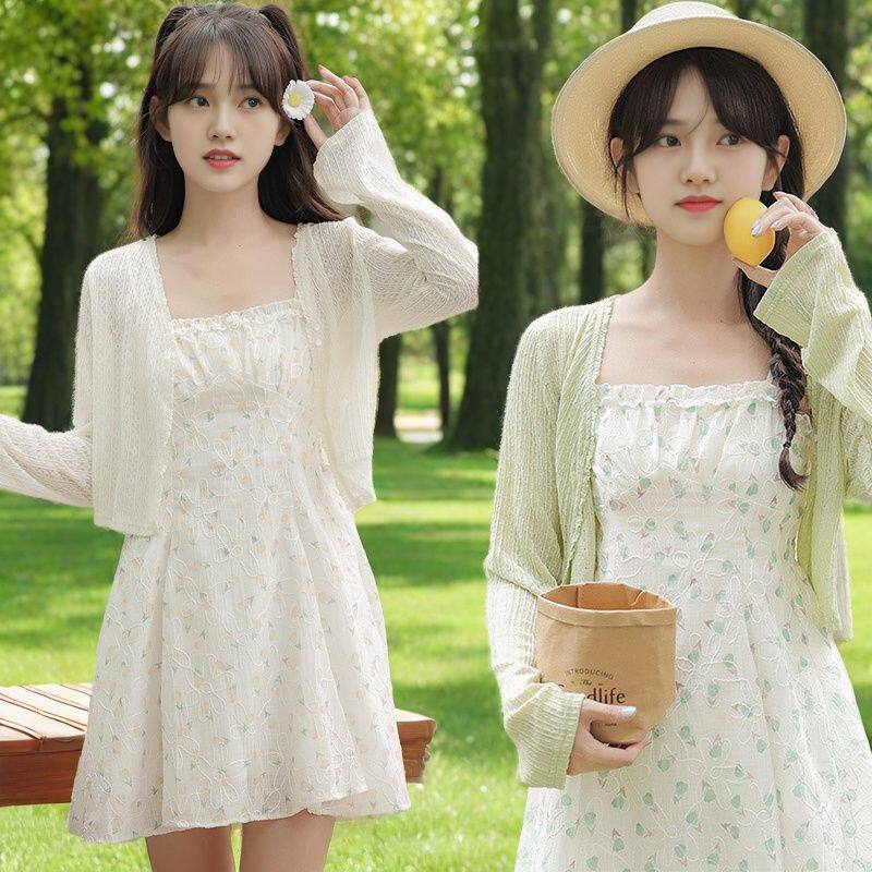 Sunscreen cardigan women's spring clothing thin fat mm outer with small shawl with suspender skirt sweet short top