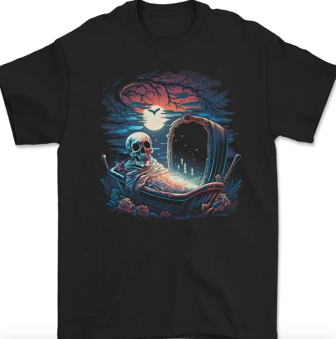 A Coffin and Skeleton in a Graveyard Halloween T-Shirt Gildan 5000 S разноцветный