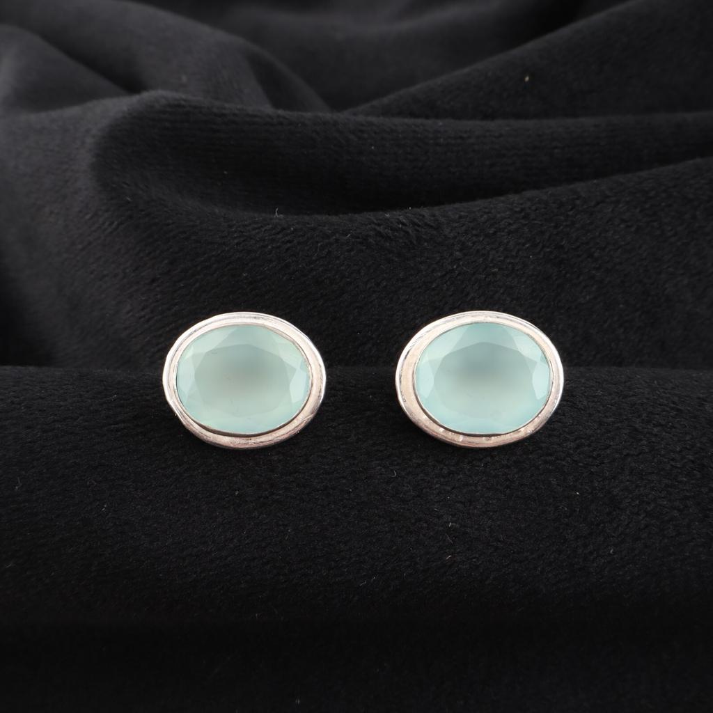 Aqua Chalcedony Gemstone 925 Sterling Silver Jewelry Handmade Stud Earrings 0.5" EE-178-19