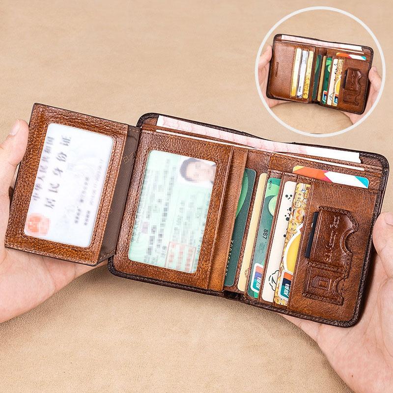 Γνήσιο δερμάτινο πορτοφόλι Rfid για άνδρες Vintage λεπτό κοντό πολλαπλών λειτουργιών ID Πιστωτικής κάρτας Τσάντα χρημάτων