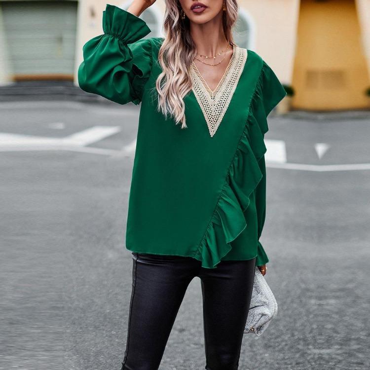 Women's Casual Loose Blouse Autumn Commuter V Neck Ruffles Long Sleeve Lace Shirt Top