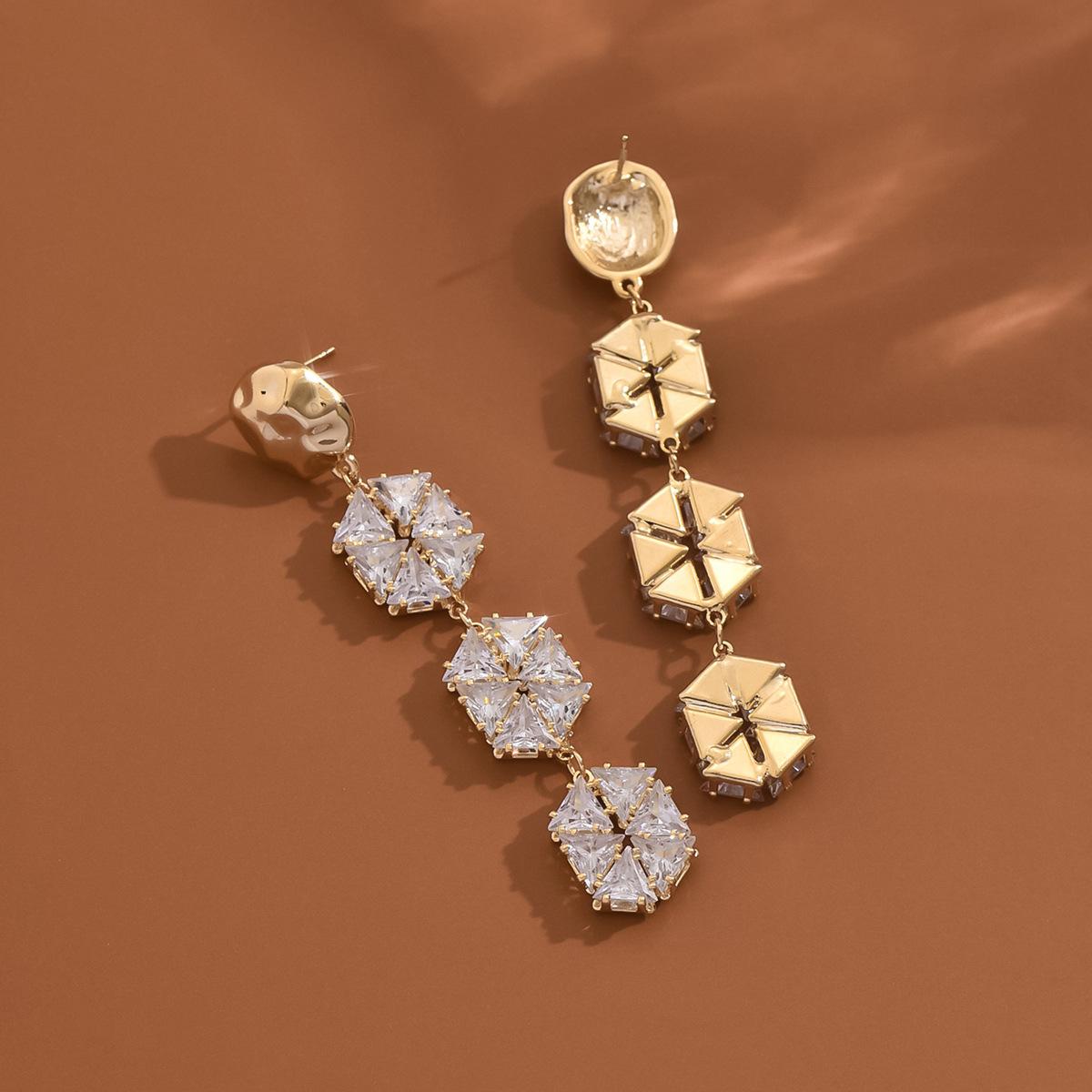 14K Real Gold Electroplating, Zirconium Inlaid Heavy Industry Hexagonal Geometric Earrings Niche Design Light Luxury High-End Earrings