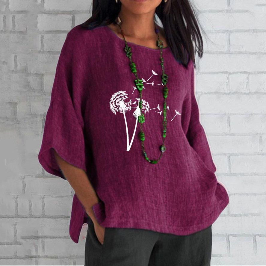 Personalized Dandelion Printed Seven Sleeve Round Neck Sheep Linen Shirt Women's Tops Plus Size
