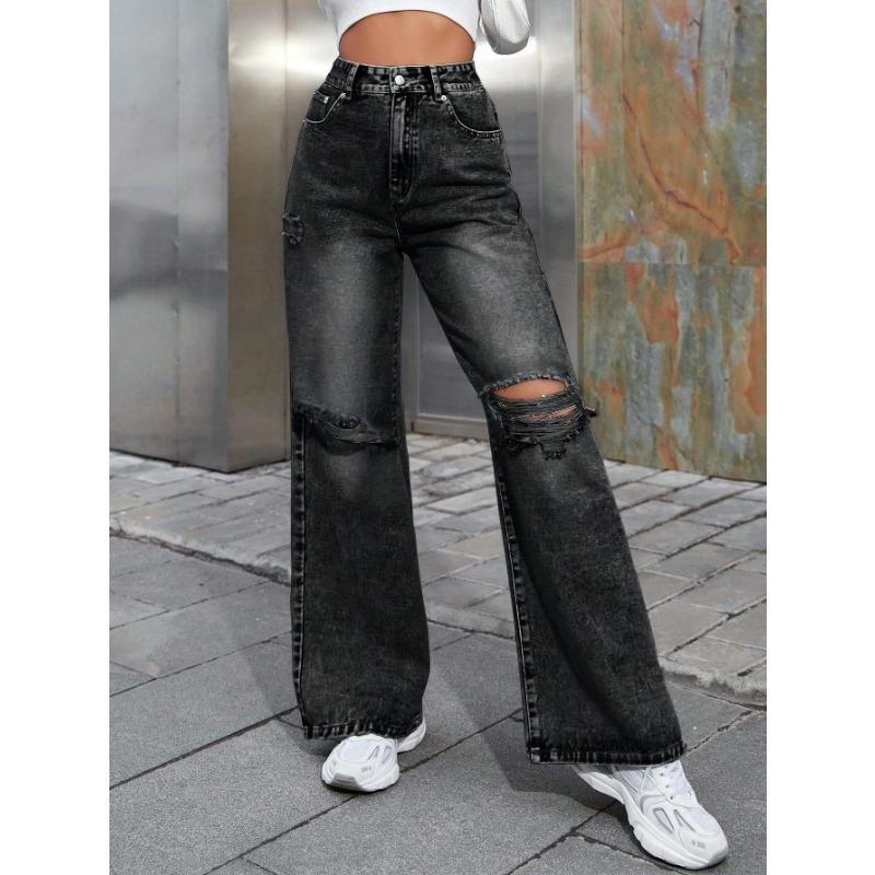 Fashion ripped high-waisted wide-leg casual jeans women's casual all-match comfortable street
