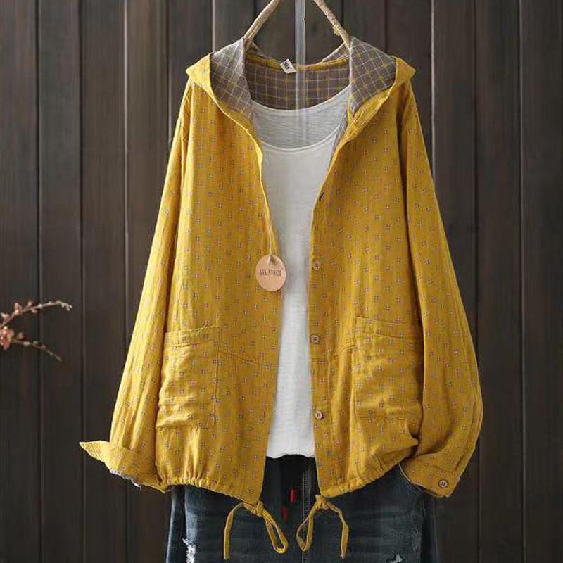 Women's Hooded Double-layer Cotton Yarn Plaid Shirt   Literary Retro Casual Cardigan Top Jacket