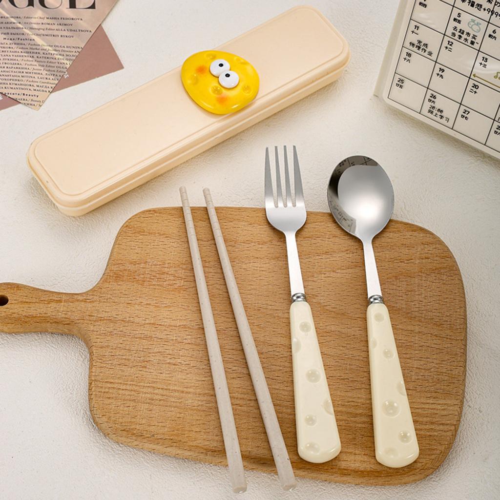 Cheese Cartoon Rice Spoon Stainless Steel Spoon Chopsticks Set Student Portable Three-piece Tableware Box