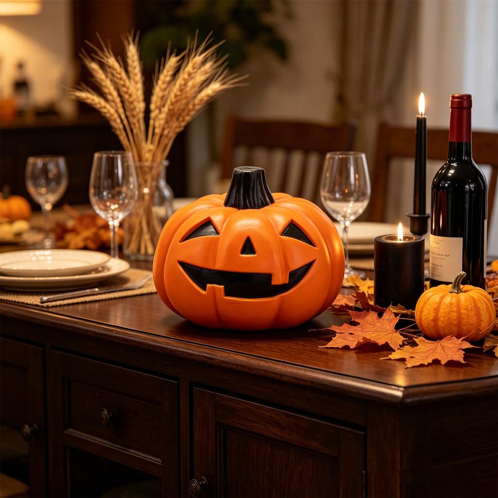 Halloween Pumpkin Decoration with Face, Funny Figurine for Shelf, Table and Party Display