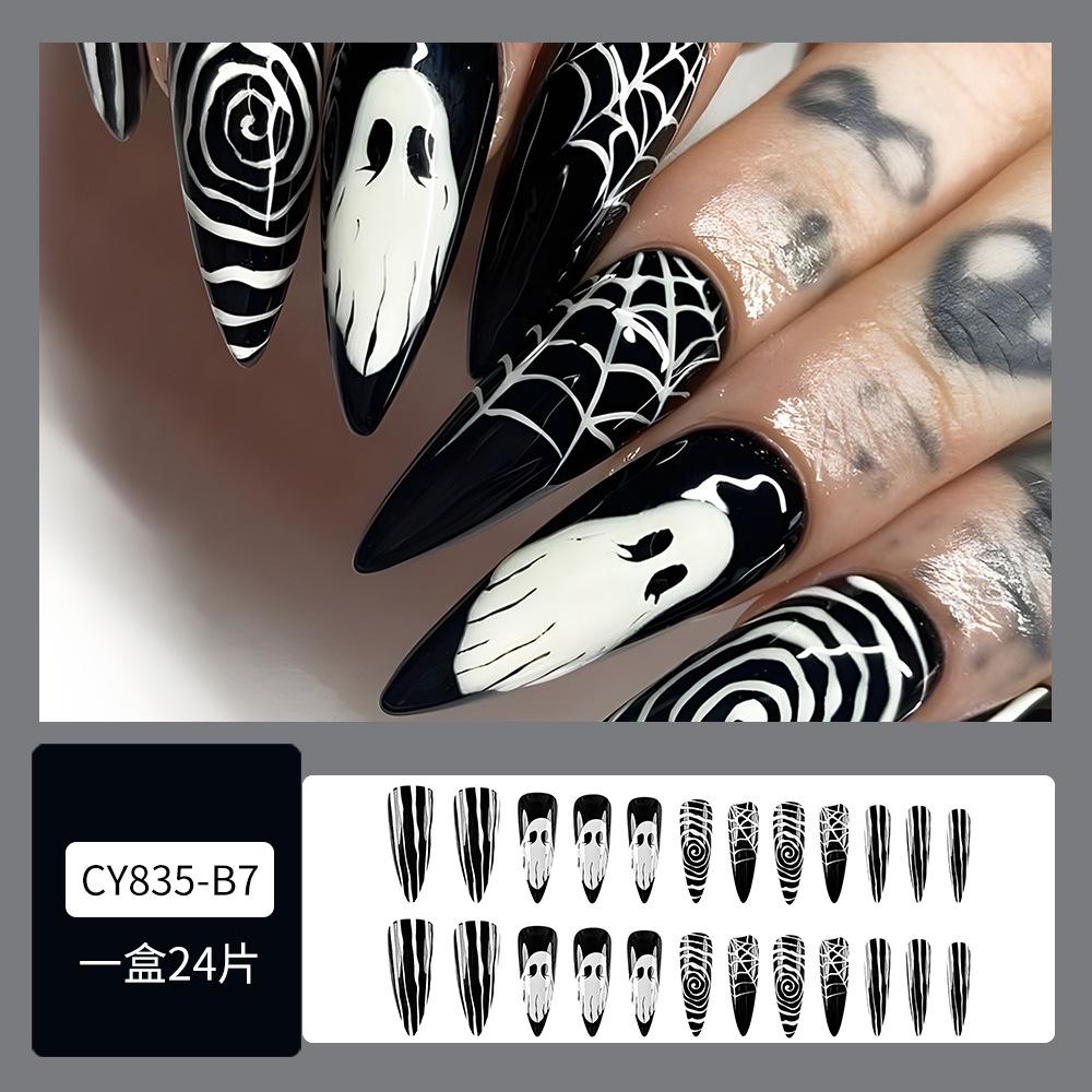 Hot-selling Water Drop Nail Art Tablets, Striped Spider Web Fake Nail Patches Wholesale, Halloween Grimace Wearing Nail