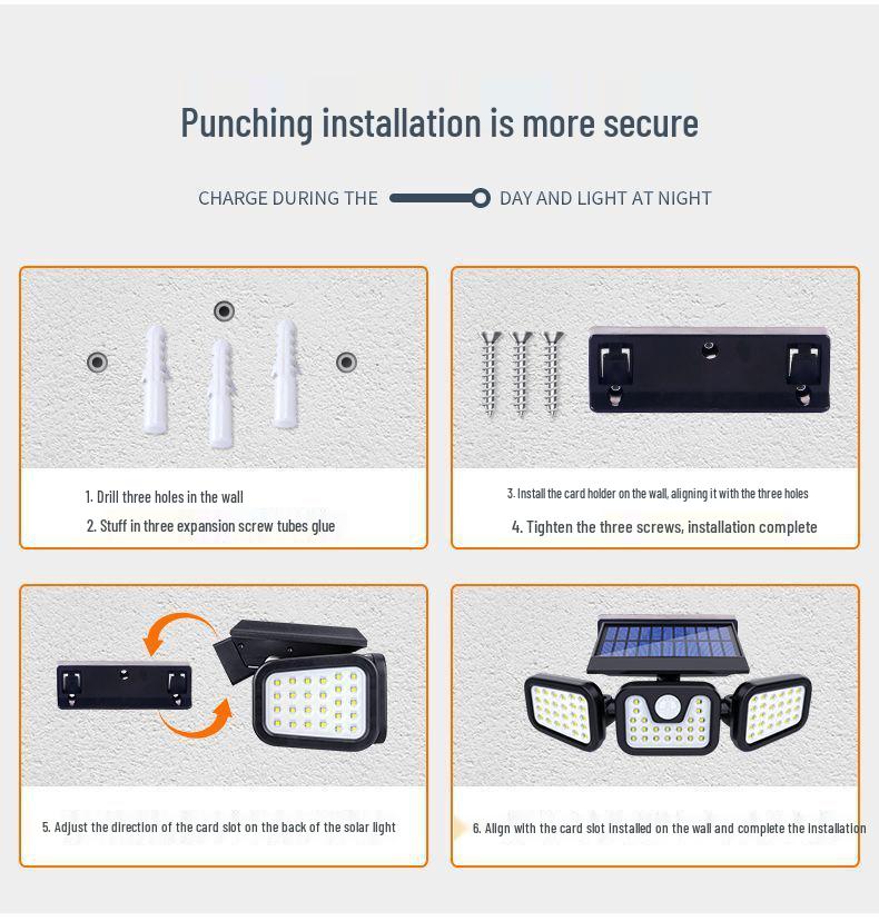74-LED Outdoor Solar Sensor Light, Three-Head Rotatable, Waterproof for Wall, Road, Courtyard, Street Lighting
