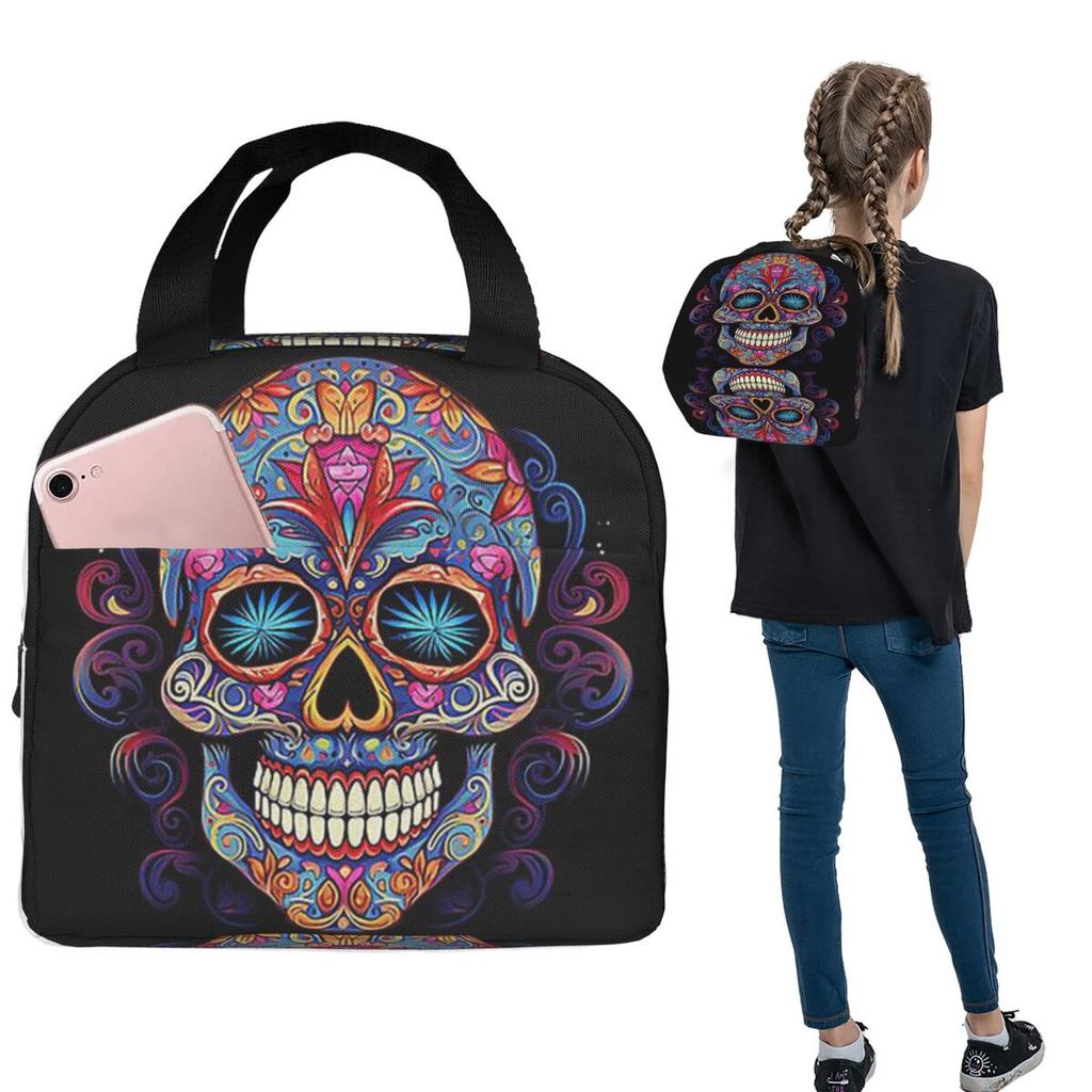 Mexican Sugar Skull Day Of The Dead Sugar Skull Insulated Lunch Bag for Women Kids Leakproof Food Boxes Thermal Lunch Box Tote