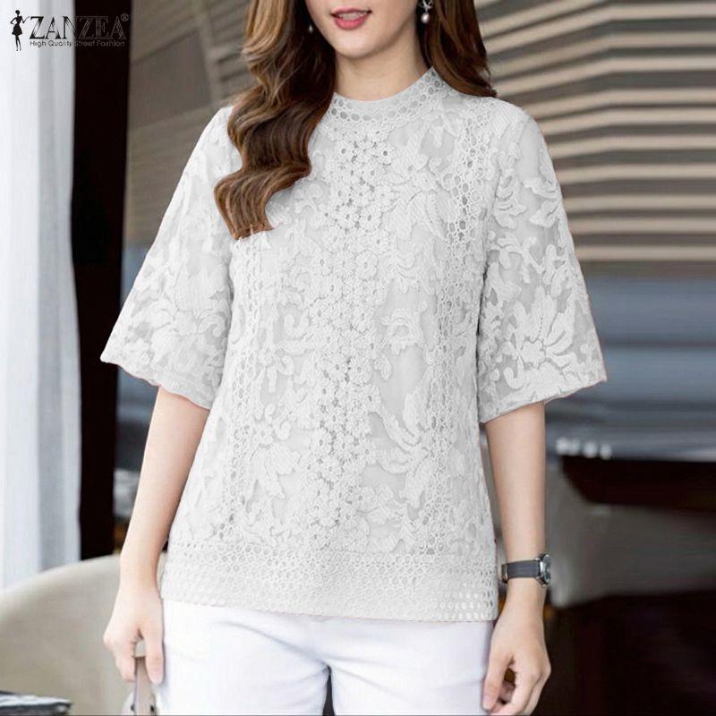 ZANZEA Women Casual Stand Collar Half Sleeve Lace Embroidery Patchwork Blouse