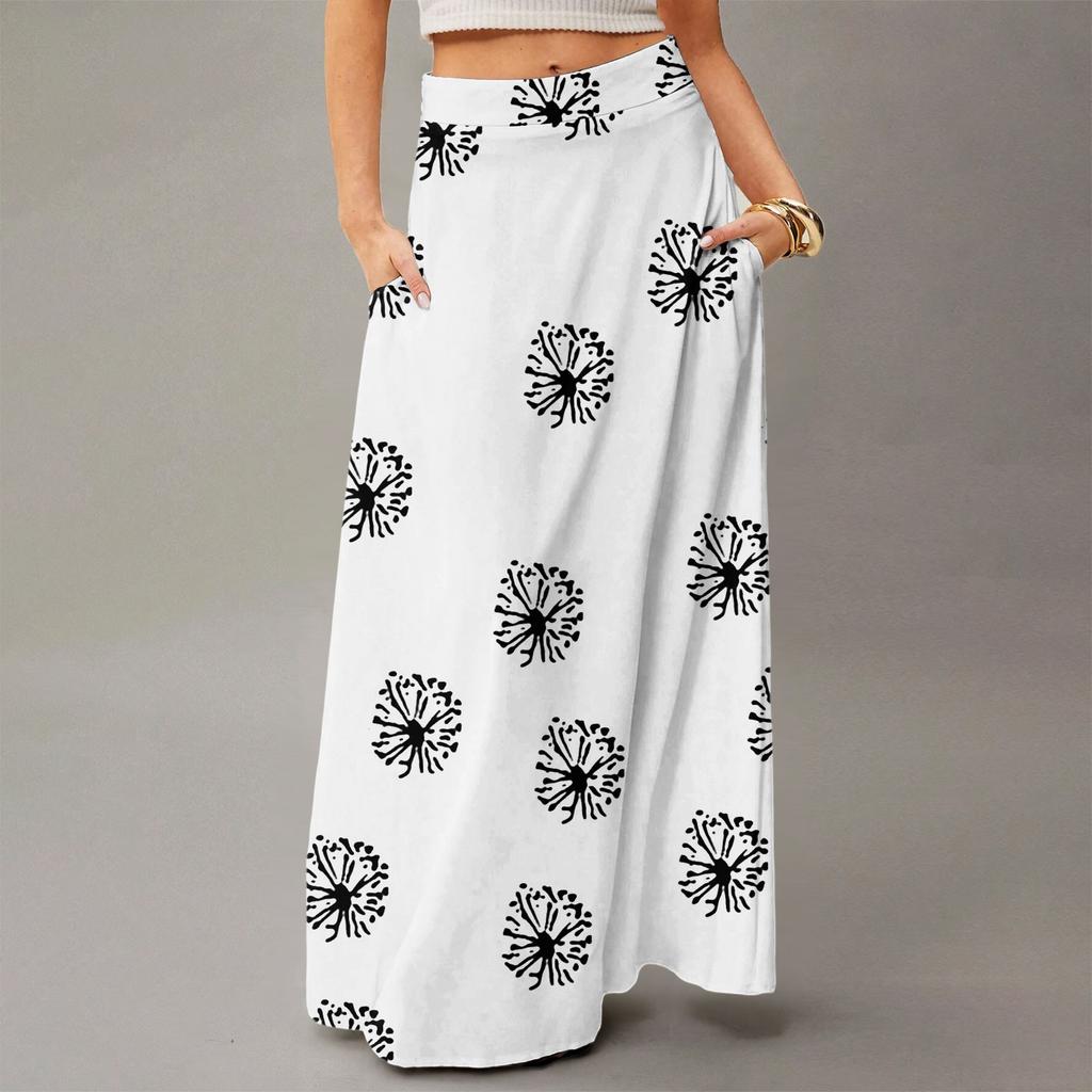 Damska Casualowa Składana Spódnica Maxi z Wysokim Stanem w Kropki z Kieszenią, Draperowana, Luźna