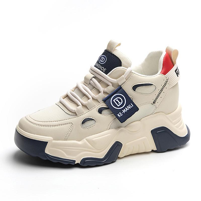 

2026 Spring Summer Genuine Leather Shoes Women Fashion Sneakers Breathable Mesh Brand Ladies Casual Shoes Height Increasing 7cm Black Blue 40