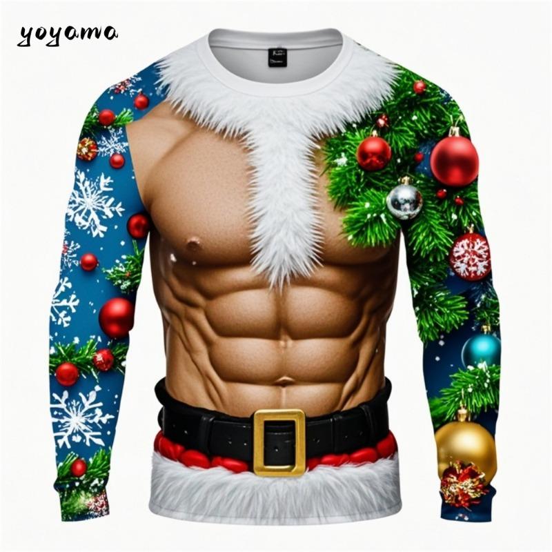 Zabawne brzydkie koszulki z nadrukiem 3D z fałszywymi mięśniami Świętego Mikołaja Xmas Męskie Damskie Koszulki z długim rękawem Moda Oversize Świąteczna odzież męska