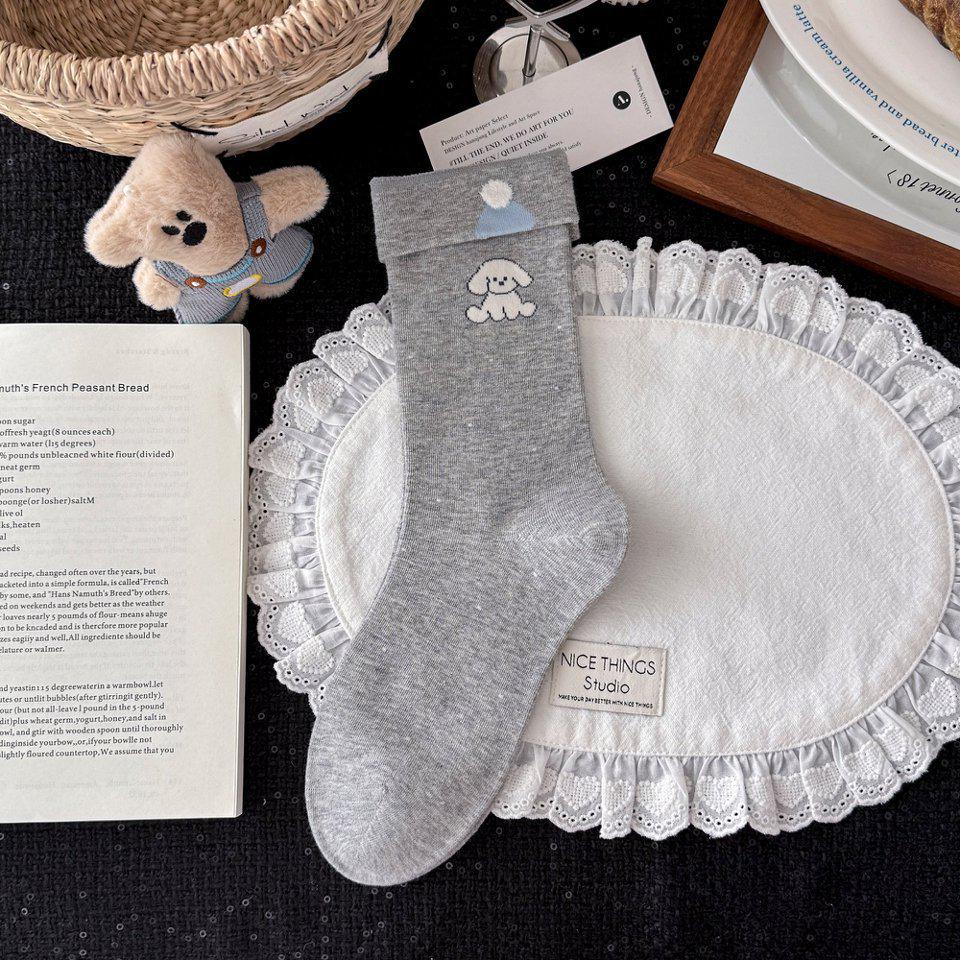 Korean Blue-Grey Mid-Calf Combed Cotton Women's Socks - Trendy Japanese Cute Puppy Design