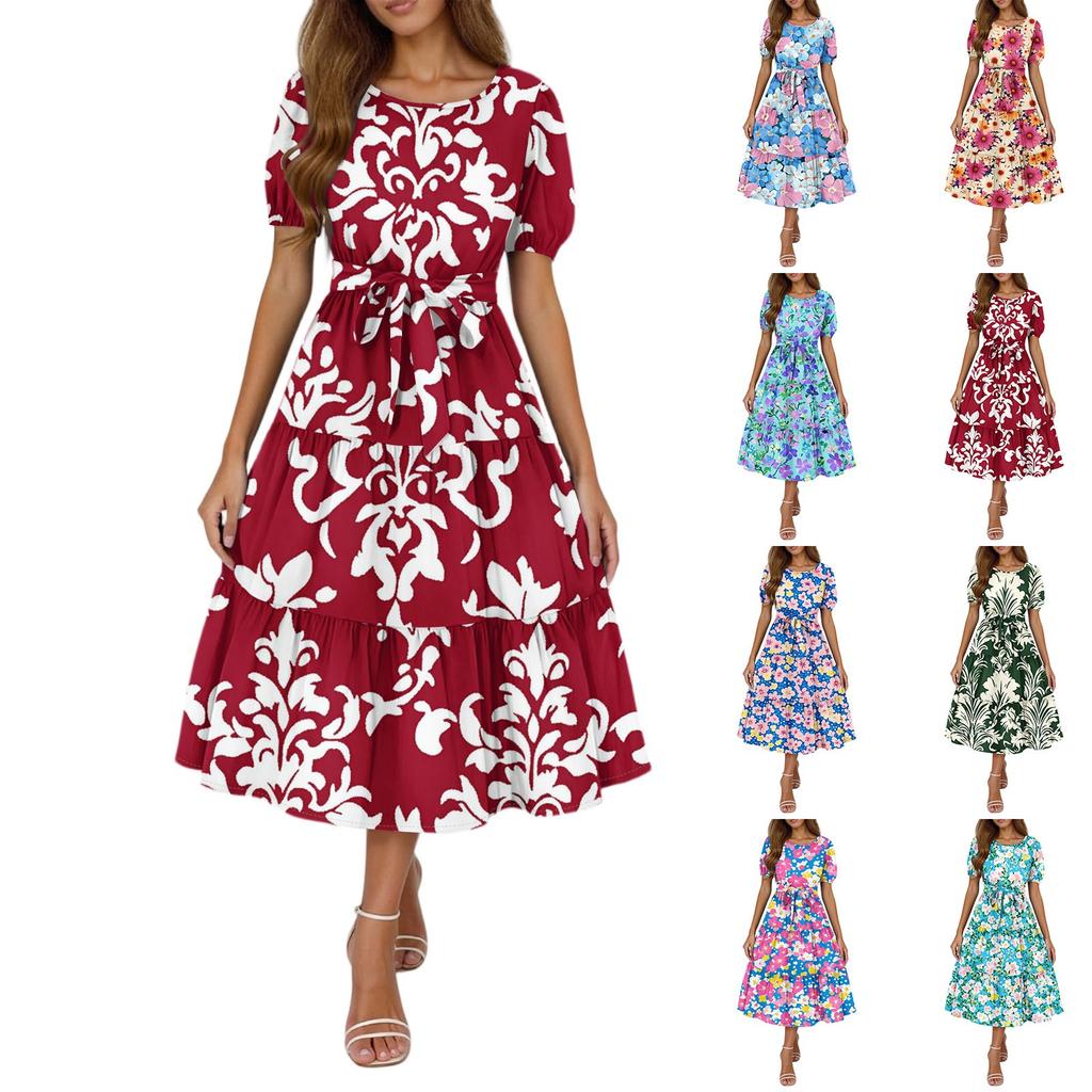 Women's Summer Floral Print Short Sleeves Neck Waistband Bohemian Flowy Maxi Dress With Pockets