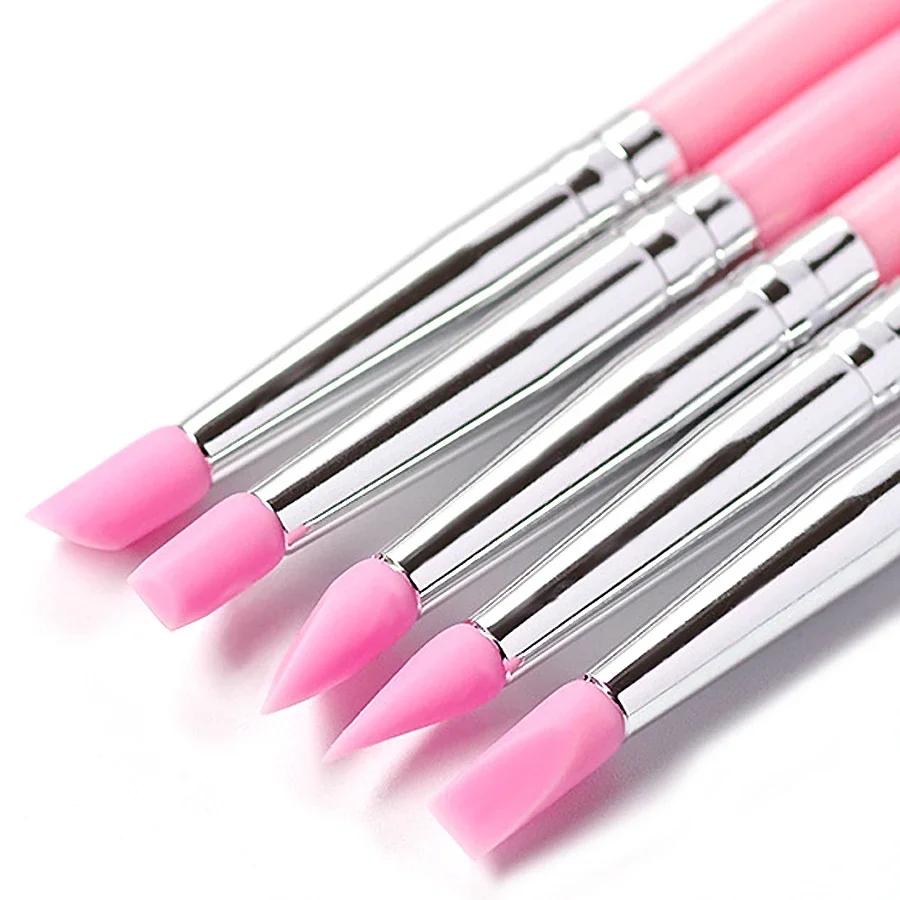 5Pcs/Set Silicone Nail Brush Carving Emboss Hollow Gel Shaping Pink Nail Art Pen DIY Dotting Manicure Tools Accessories