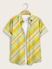 Men'S Oversized Short-Sleeve Shirt Featuring a Vibrant Yellow-Green Check Pattern, Made from 120G Lightweight Polyester, with a Traditional Collar And