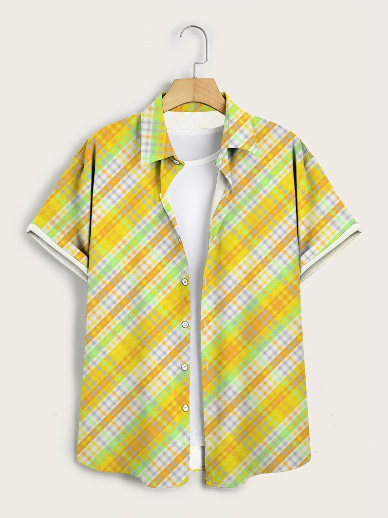 Men'S Oversized Short-Sleeve Shirt Featuring a Vibrant Yellow-Green Check Pattern, Made from 120G Lightweight Polyester, with a Traditional Collar And