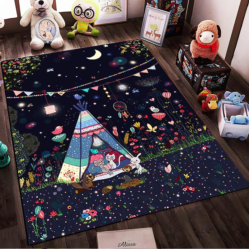 Whimsical Night Forest Carpet with Animals and Teepee Print Suitable for Use As an Anti-slip for Living Room Bedroom Sofas