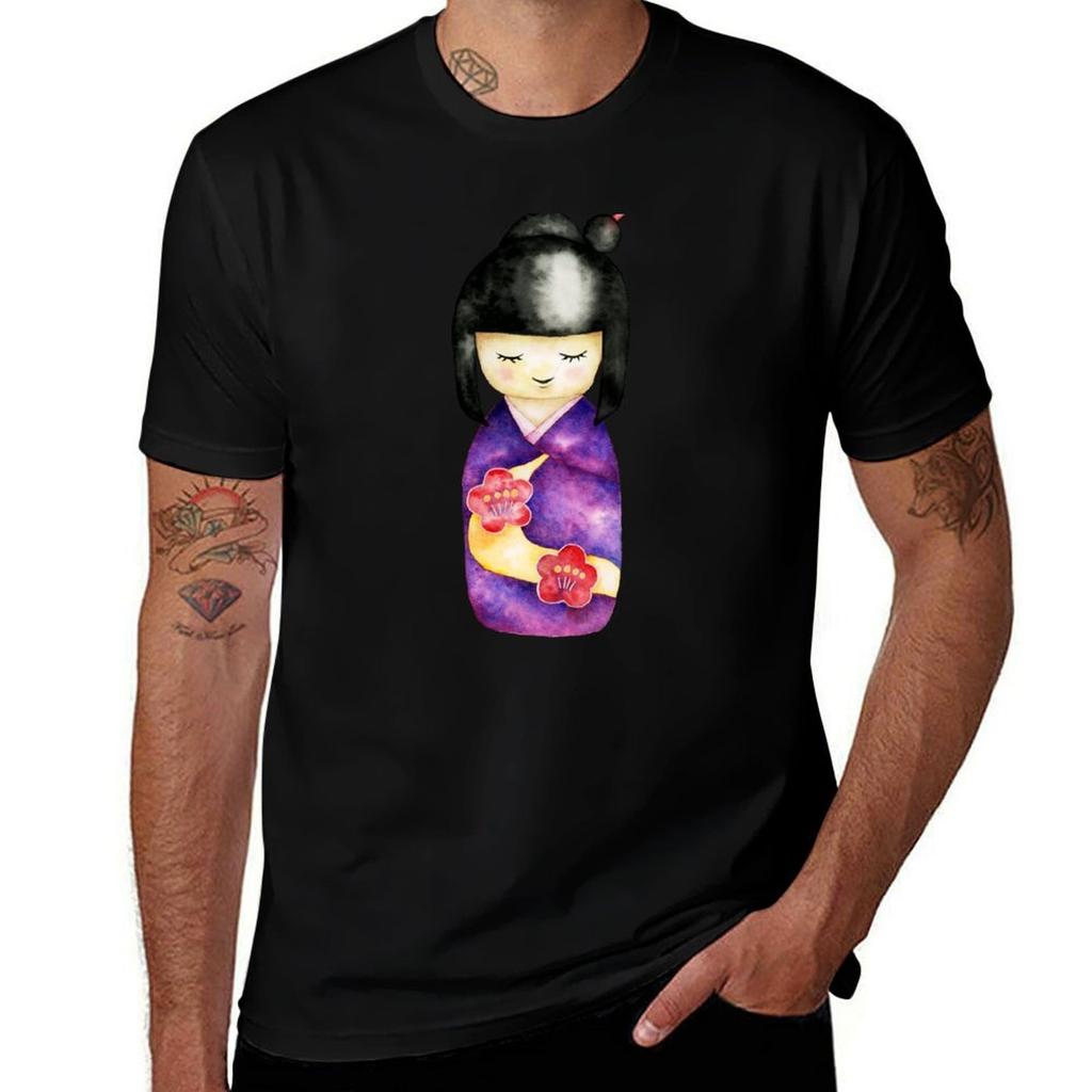 Cute Japanese Kokeshi Doll Illustration Tshirt Antipilling Casual Tshirt