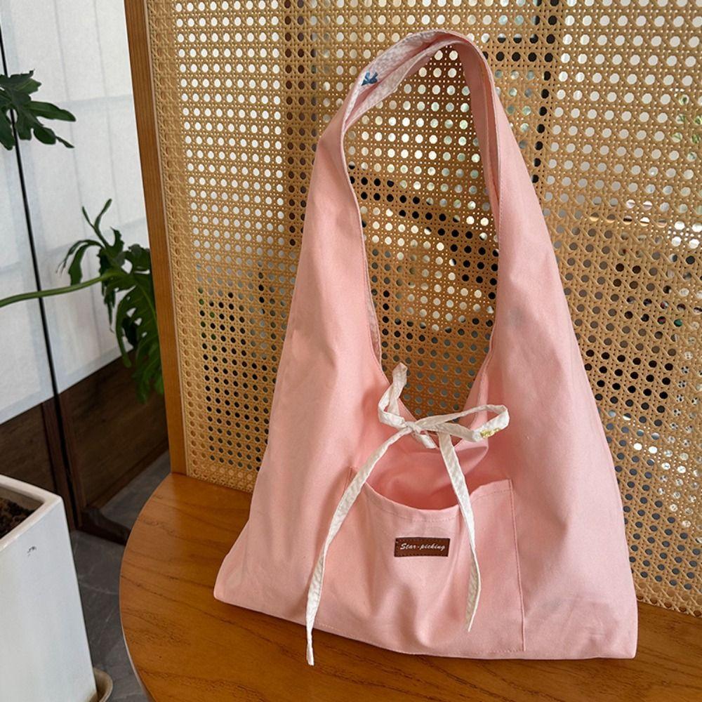 

Embroidered Bow Cloth Hobo Bag Double Side Underarm Bag Versatile Canvas Plaid Shoulder Bag Girls рожевий