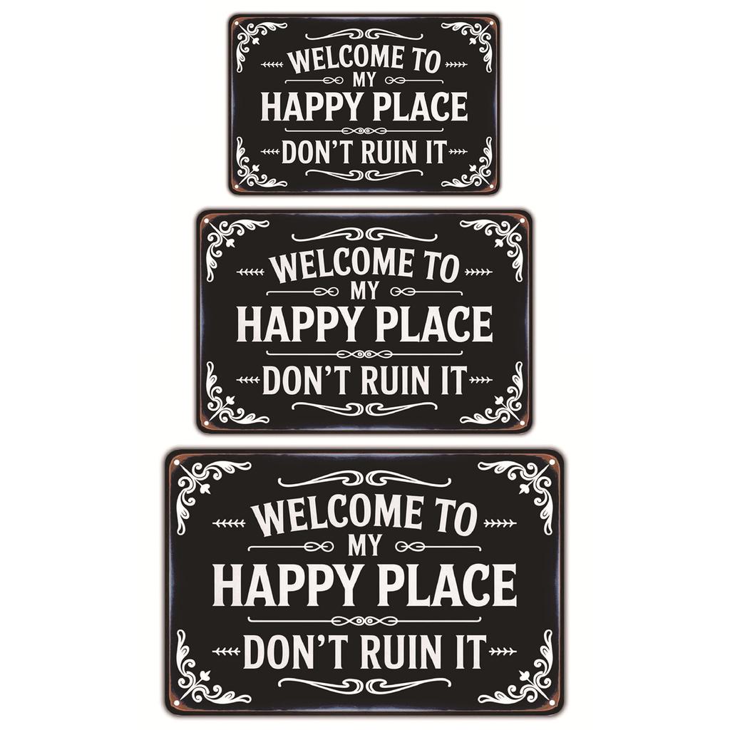 Happy Place Vintage Statement Tin Metal Sign Funny Rustic Style Metal Garden Door Sign for Entryway Porch Patio Home Decor