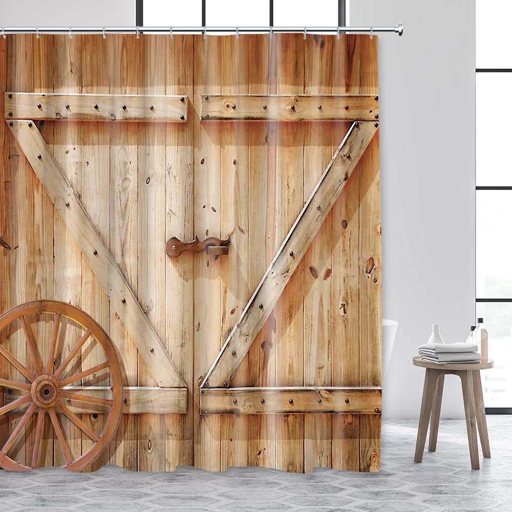 Farmhouse Shower Curtain, Bath Curtain Rustic Barn Door Wooden Western Country Sunflower Floral Fabric Bath Curtain with Hooks