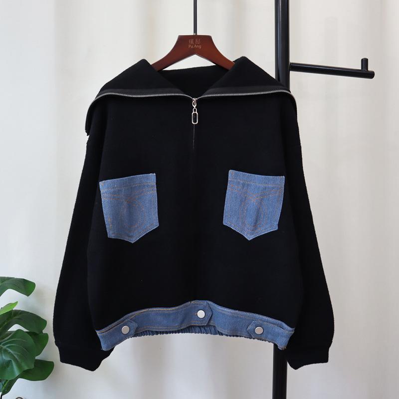 

Двусторонний кардиган из денима и трикотажа с лацканами, новый осенне-зимний, на молнии, свободный, повседневный, куртка-свитер, женский one size fits all чёрный