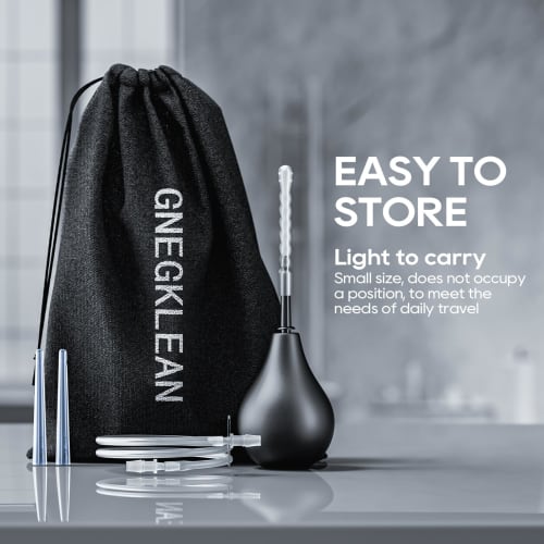 GNEGKLEAN Black Silicone Enema Bulb Kit 7.6oz Clean Anal Douche for Men Women with 19.7in Hose+4 Replaceable Nozzle (Black)