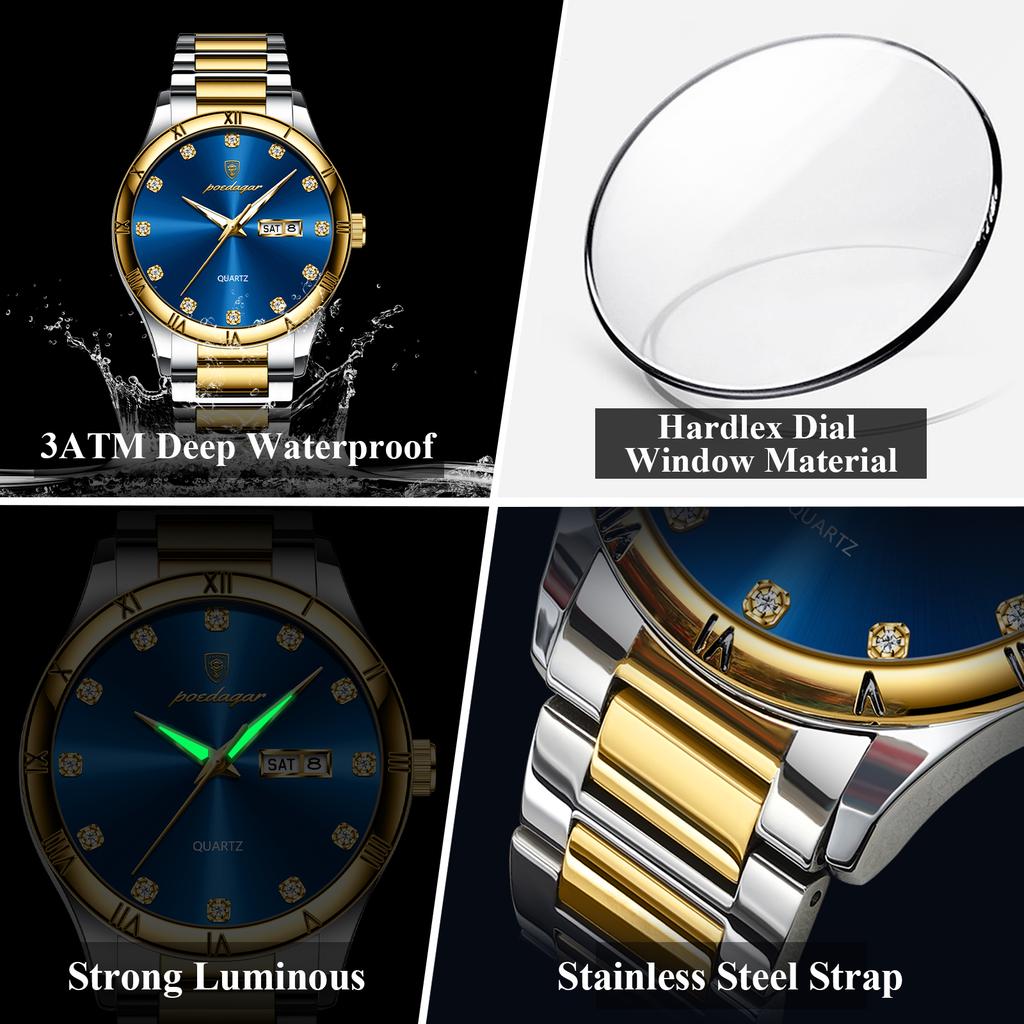 POEDAGAR Luxury Men's Quartz Watch Date Week Waterproof Luminous Man Watch Stainless Steel Casual Fashion Watches For Men