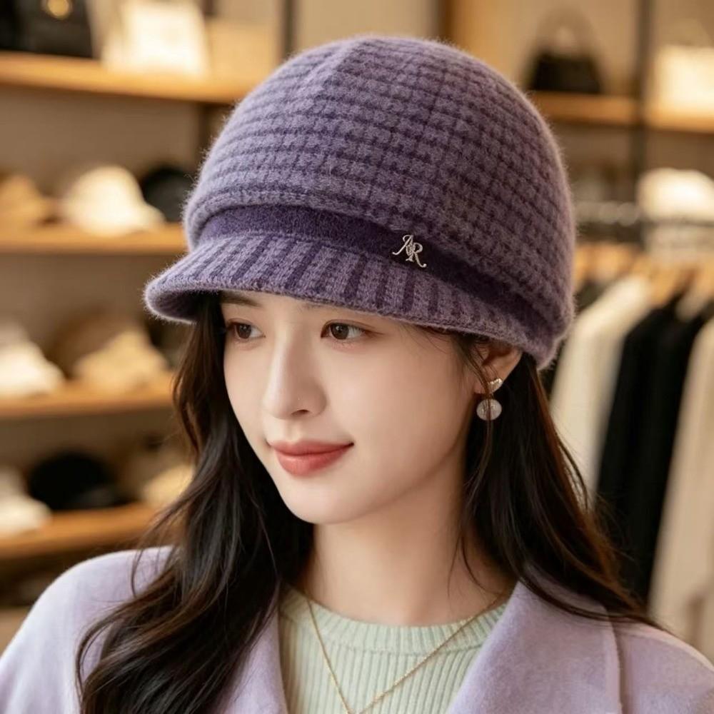 Short Brim Design Knitted Cap Rabbit Fuzz Fabric Fleece Lined Beanie  Mom Daily Accessory