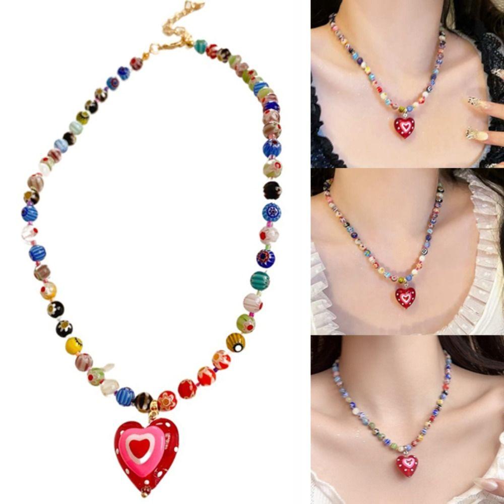 Adjustable Necklace Heart-shaped Pendant Beads Chain New Collarbone Chains  for Women