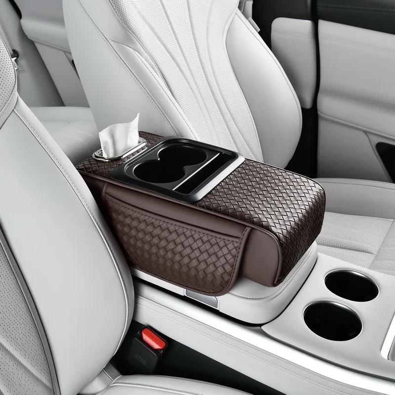 Car Armrest Cushion with Tissue Box Bottle Cup Holder And Phone Storage Pocket Auto Interior Arm Rest Pad for Truck Vehicle