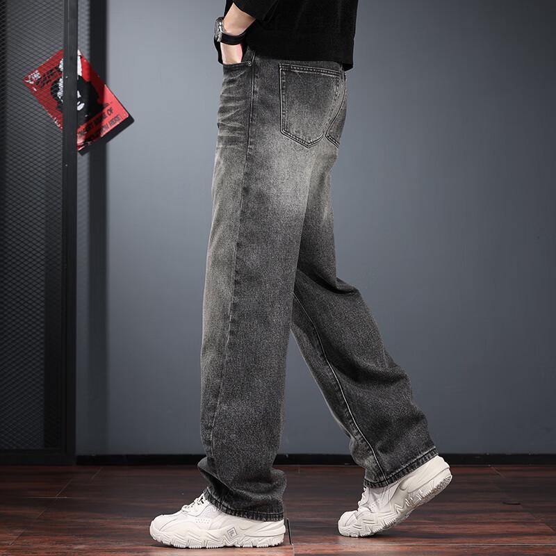 Jie Leinuo Men's American Retro Washed Loose Straight Jeans