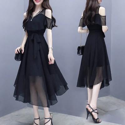 Rochie de vară pentru femei, cu croială slim fit, stil mediu spre lung, temperament subțire, fustă din șifon cu umerii goi