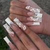 24Pcs Long Square Press On Nails Leopard Print French 3D Cherry Design False Nail Rhinestone Wearable Full Cover Fake Nails Tips