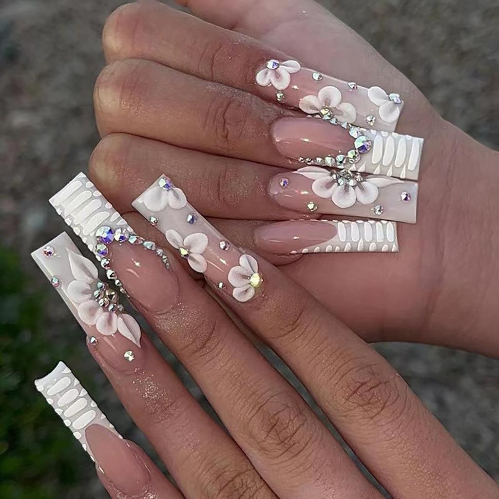 24Pcs Long Square Press On Nails Leopard Print French 3D Cherry Design False Nail Rhinestone Wearable Full Cover Fake Nails Tips
