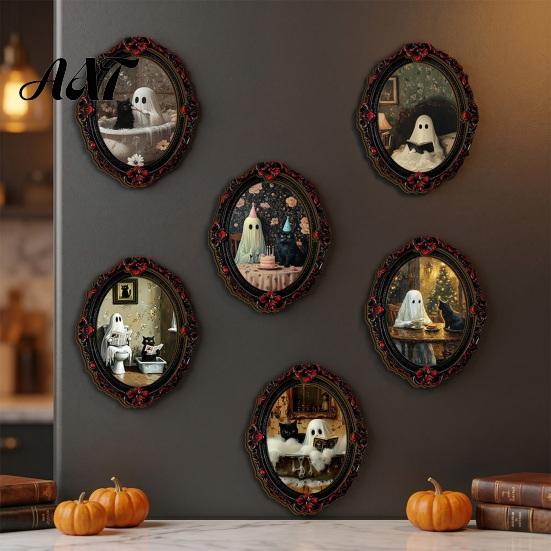 Waterproof Wear Resistant Fridge Decals Halloween Ghost Refrigerator Magnet, Retro Gothic Magnets, Oval Picture Spooky Pumpkin Ornaments Frame