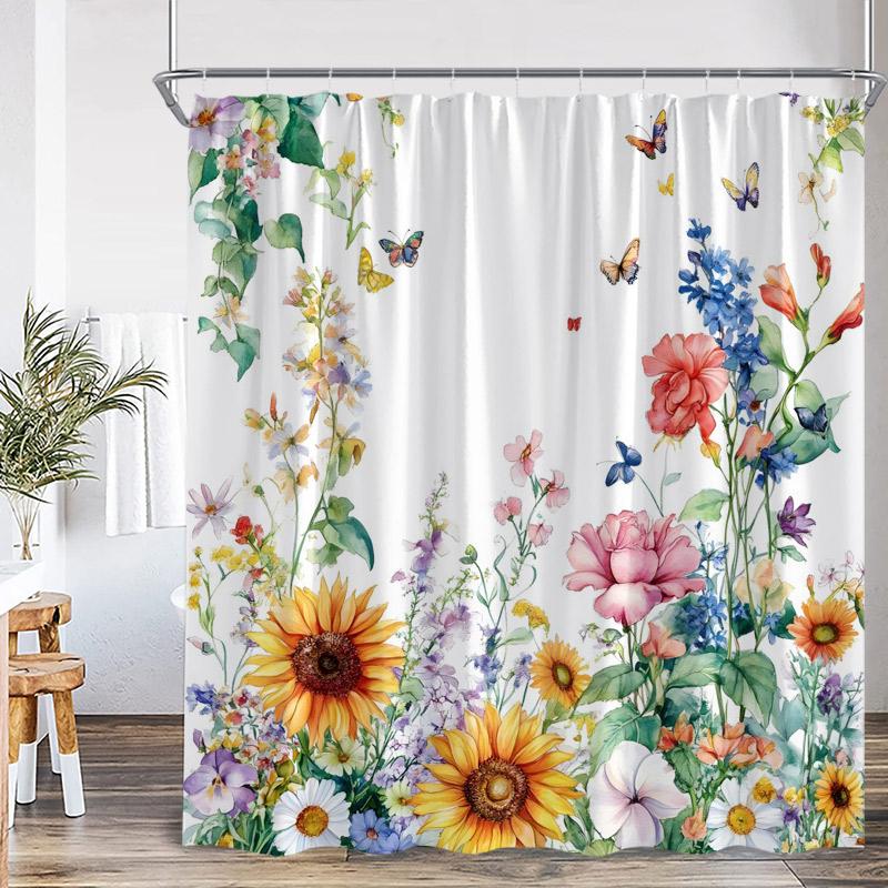 Watercolour Floral Butterflies Shower Curtains Yellow Purple Flower Green Plant Butterfly Minimalist Bathroom Decor Bath Curtain