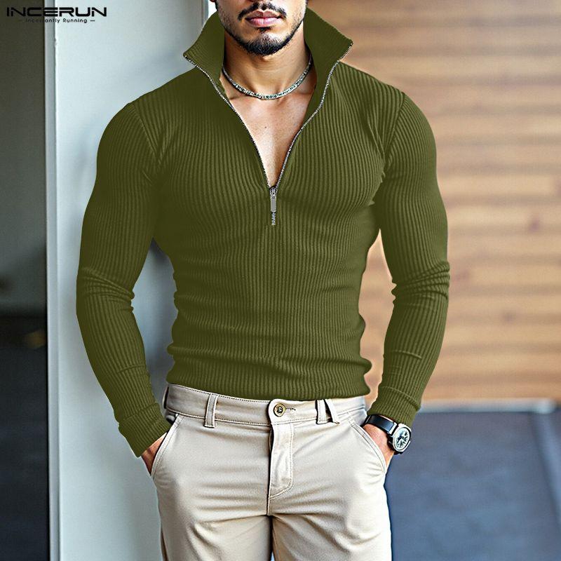 INCERUN Autumn Men Stand Collar Long Sleeve Zip-up Rib Knitted Pullovers Tops