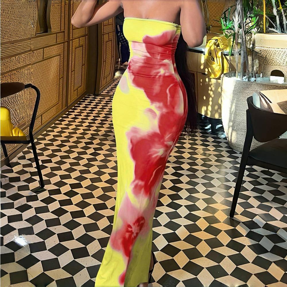 LYRIA Robe Maxi Tube Imprimée Sexy Sans Bretelles Femmes Épaules Dénudées Dos Nu Stretch Longue Robe d'Été Plage Vêtements Y2K