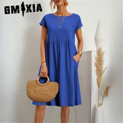 Fashion Summer Temperament Women's Cotton and Linen O-Neck A-line Dress Large Size Loose Dresses