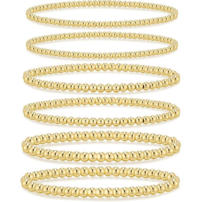 adoyi Gold Bracelets for Women Waterproof, 14K Gold Plated Beaded Strand Bead Ball Bracelets stack Adjustable Jewelry Set for Gifts