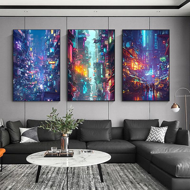 Prosperous Cyberpunk City Painting Canvas Poster Future World Wall Art Picture for Living Room Bedroom Modern Home Decor Gift